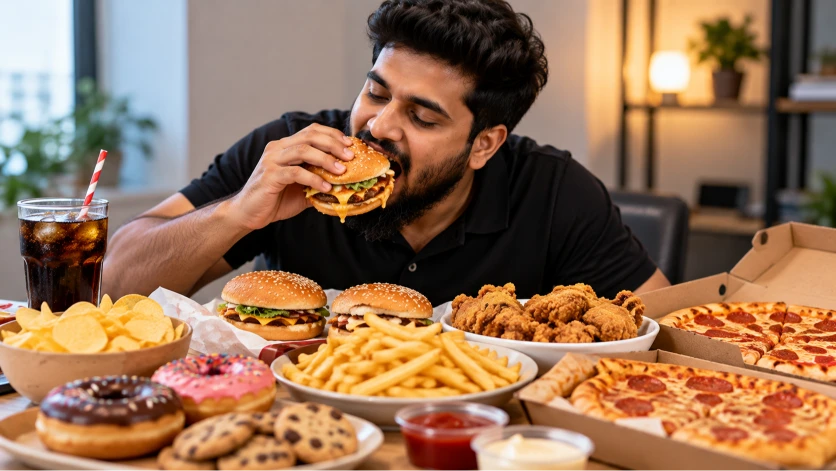 A person eating unhealthy junk food such as burgers, fries, and pizza
